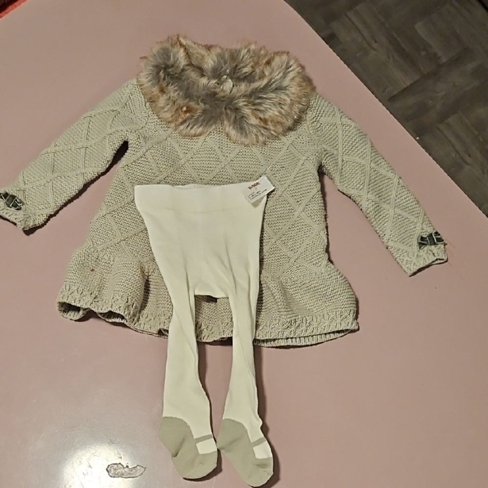 Girls Cream Knit Sweater Top with Faux Fur Collar